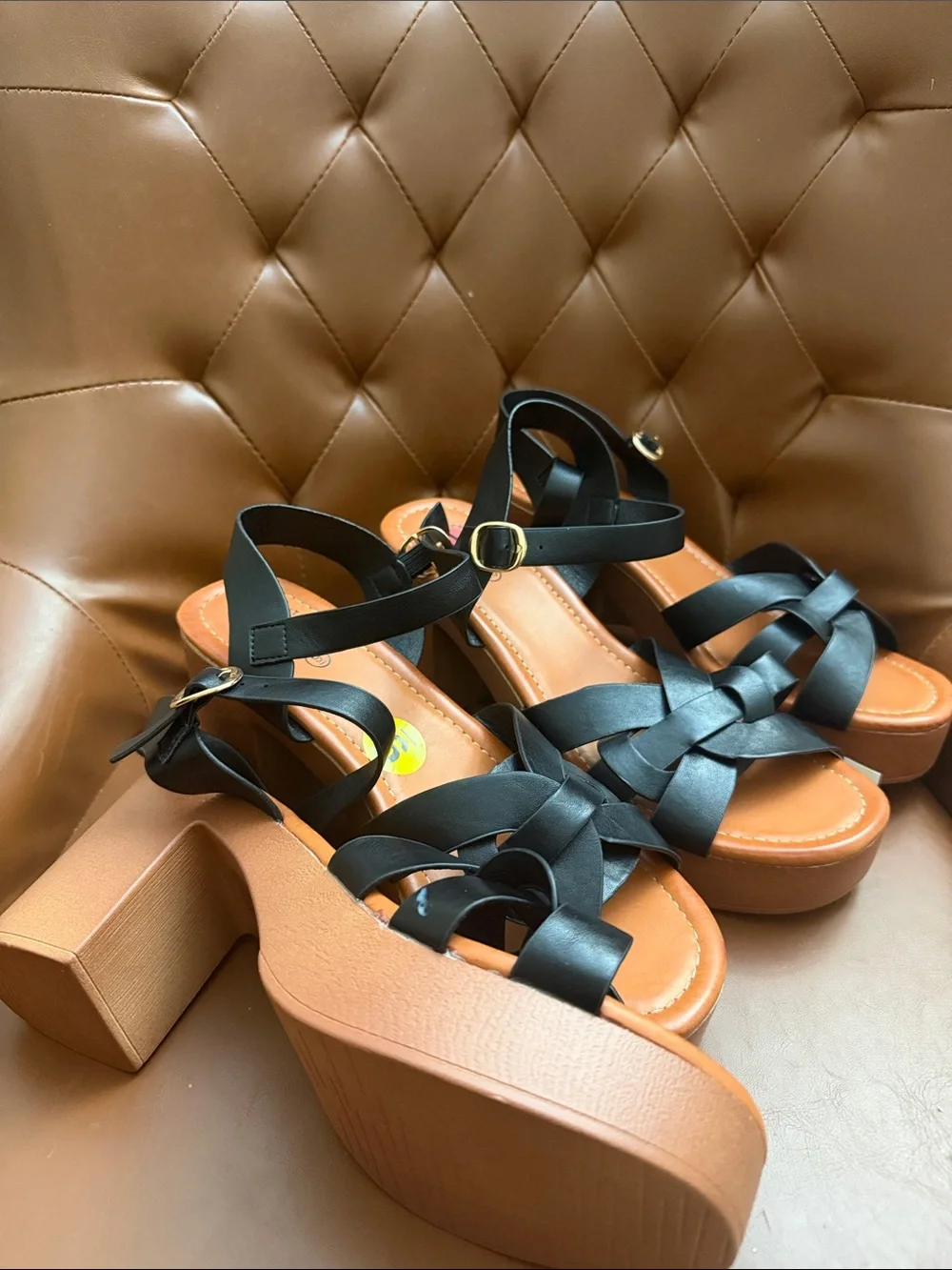 Black Strappy Platform Sandals with Ankle Buckle
